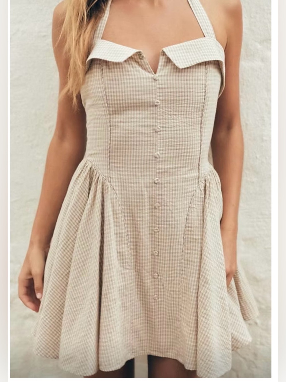 Zara Tan Gingham Halter Mini Dress XL Button Front Fit & Flare Collar NWOT